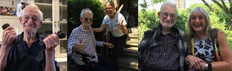 Jim is 100 years old. On the left doing some light weight lifts, on the middle with his daughter and on the right with his Personal Trainer