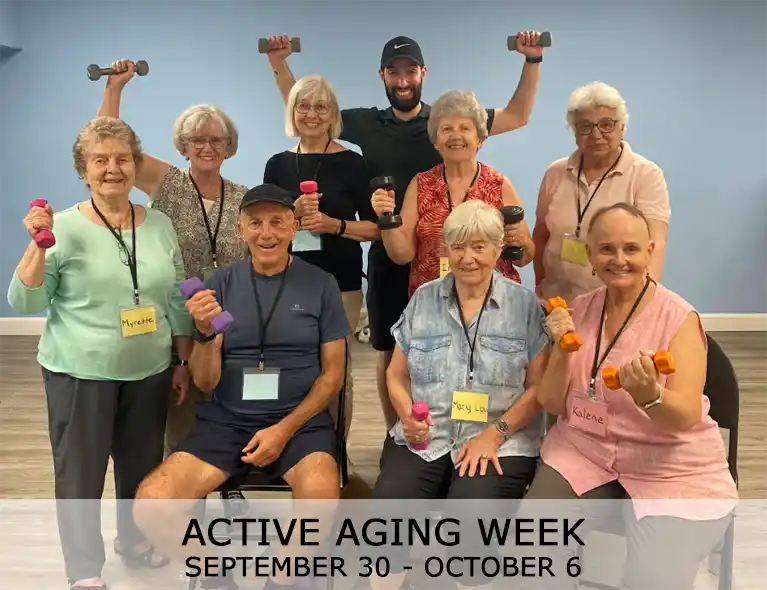 Group of active seniors with Personal Trainer Tullio. Active Aging Week 2024