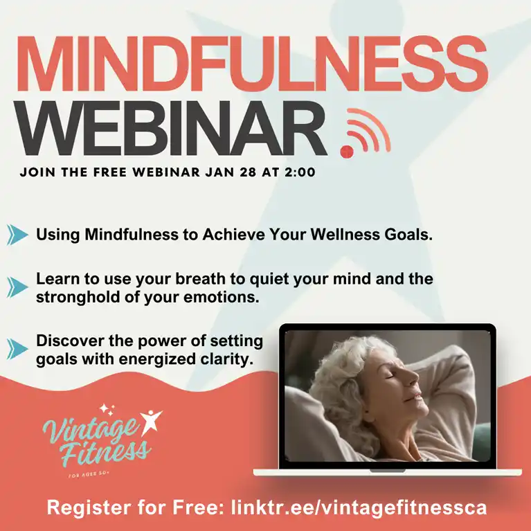 Elderly woman practicing mindfulness meditation in a peaceful home setting, promoting the Vintage Fitness Mindfulness Webinar