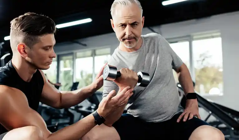 Senior exercising with dumbbells under professional guidance